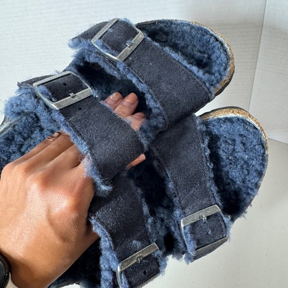 Birkenstock Arizona Shearling Sandals Navy Blue Suede Women’s 39 Fuzzy Cozy - Picture 15 of 16